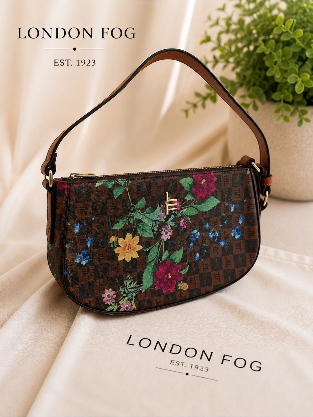 London Fog floral monogram shoulder bag brown multicolor